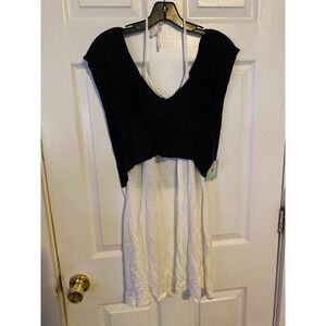 Shu Shu Black White Layered Halter Mini Dress XL NWT Colorblock Short Sleeve‎